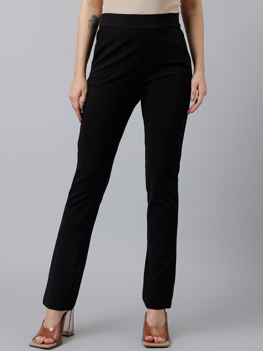 

Xpose Women Comfort Slim Fit High-Rise Trousers, Black