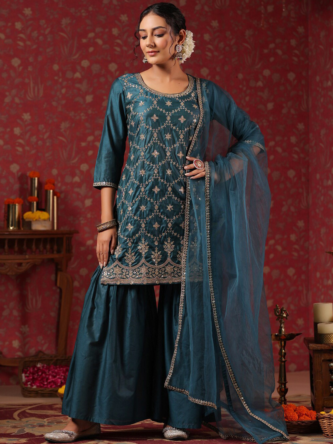 

Ishin Teal Blue Ethnic Motifs Embroidered Straight Kurta & Sharara With Dupatta