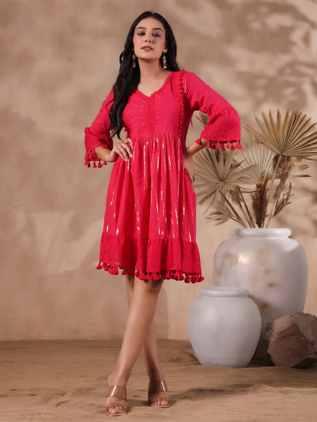 

Ishin Self Design V-Neck Bell Sleeves Gathered Detail Cotton Fit & Flare Dress, Fuchsia