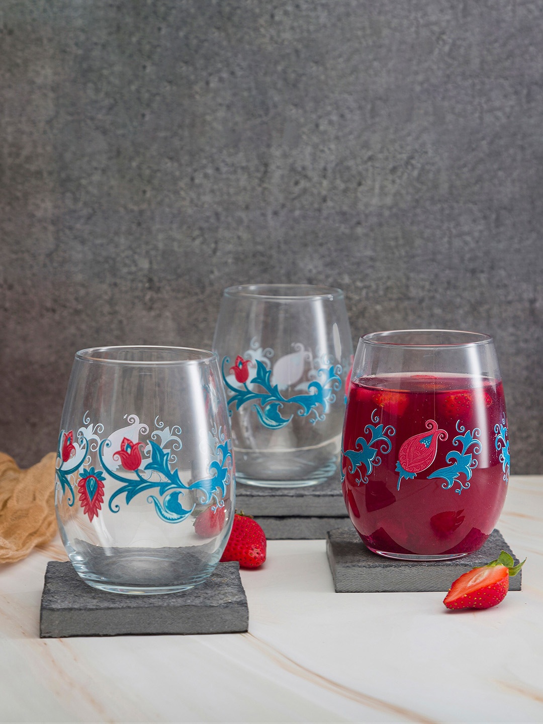 Pasabahce Transparent & Blue 6 Pieces Printed Glass - 350 ML Each
