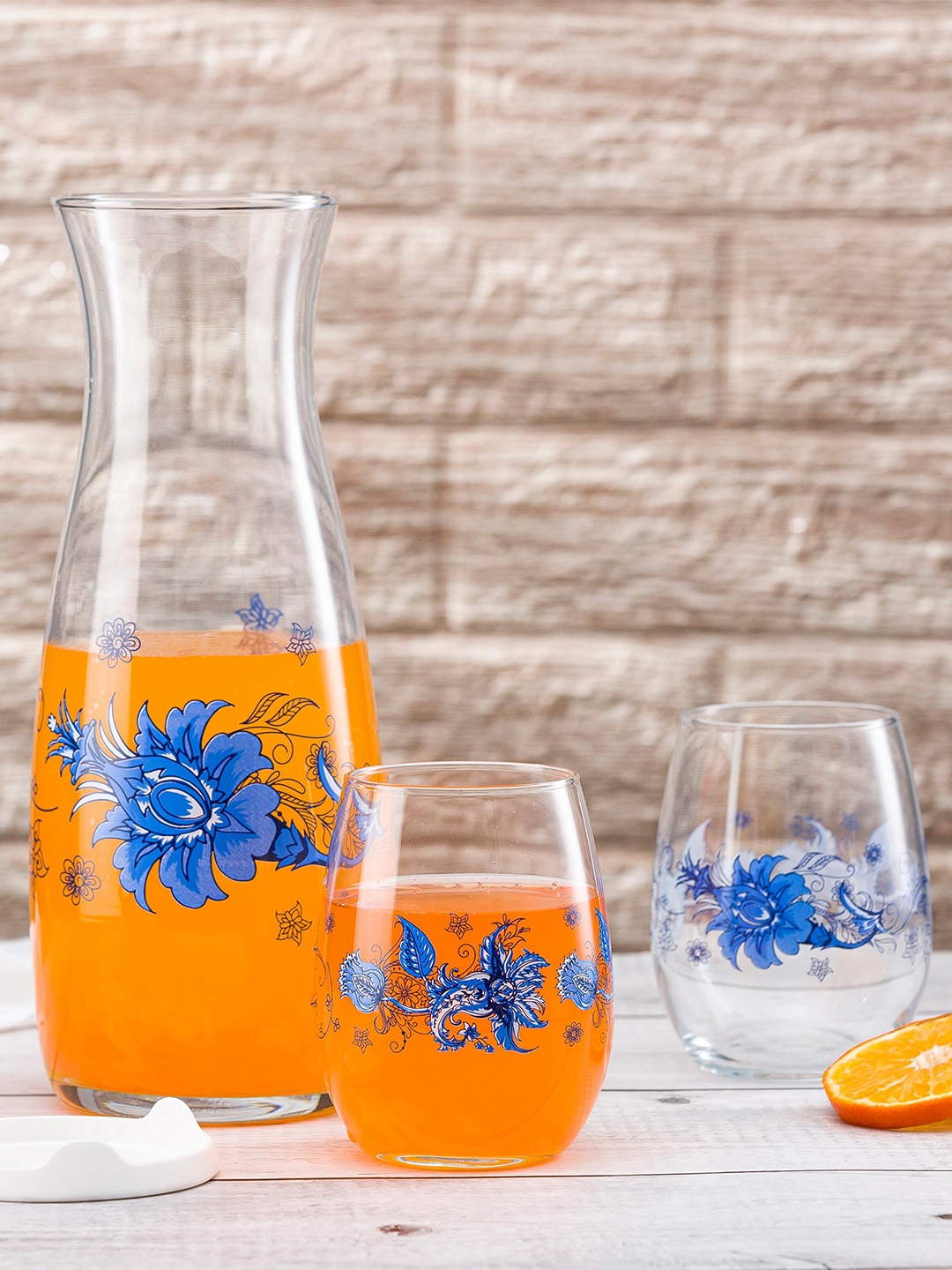 Pasabahce Transparent & Blue 3 Pieces Printed Glass Juice Set
