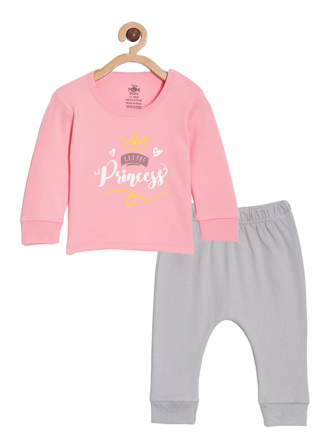 

The Mom Store Infant Girls Graphic Printed Pure Cotton T-Shirt With Trousers, Grey