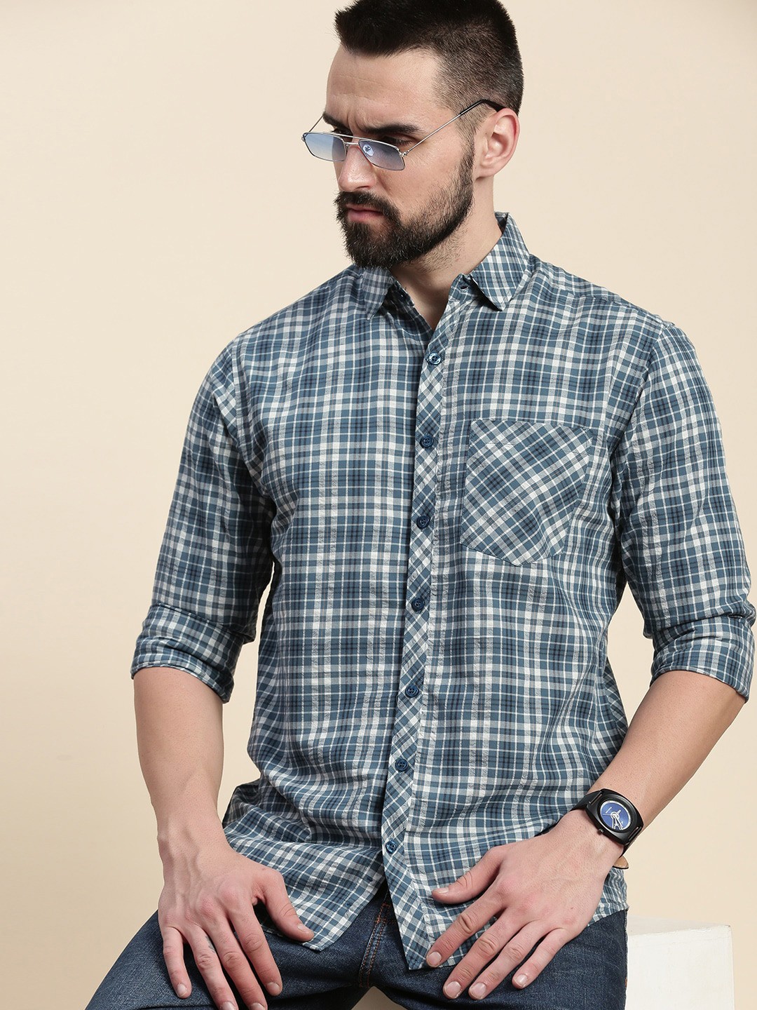 

DILLINGER Tartan Checks Spread Collar Long Sleeves Cotton Casual Shirt, Teal