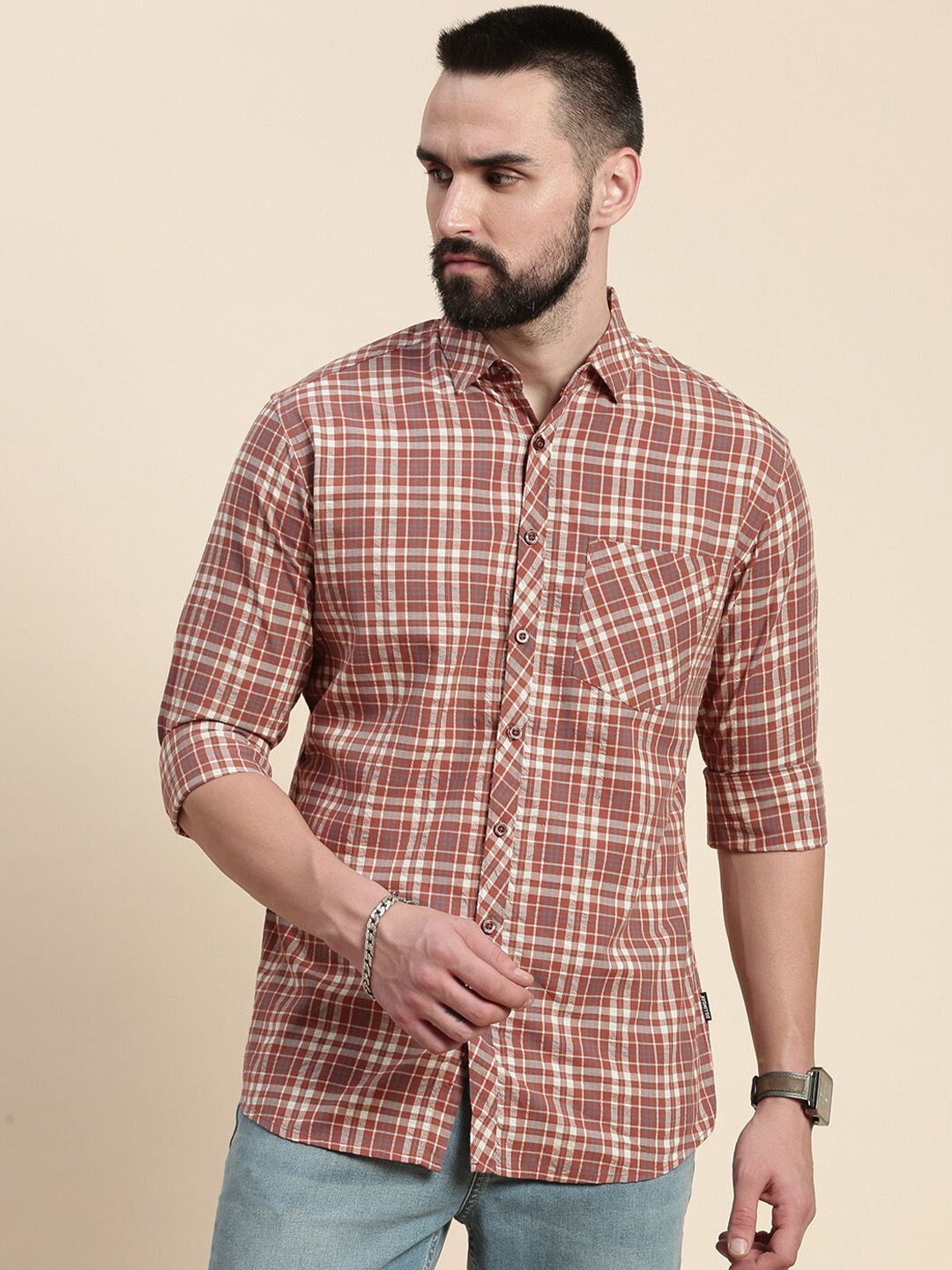 

DILLINGER Tartan Checked Spread Collar Pure Cotton Casual Shirt, Brown