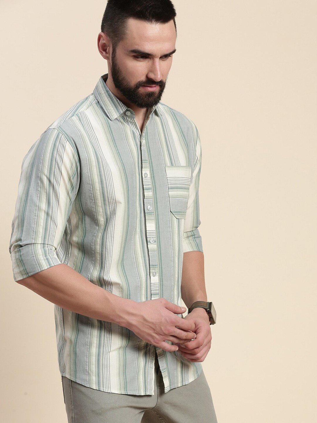 

DILLINGER Vertical Striped Spread Collar Pure Cotton Casual Shirt, Off white