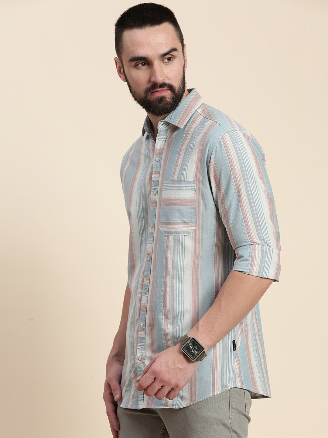 

DILLINGER Vertical Striped Spread Collar Pure Cotton Casual Shirt, Blue