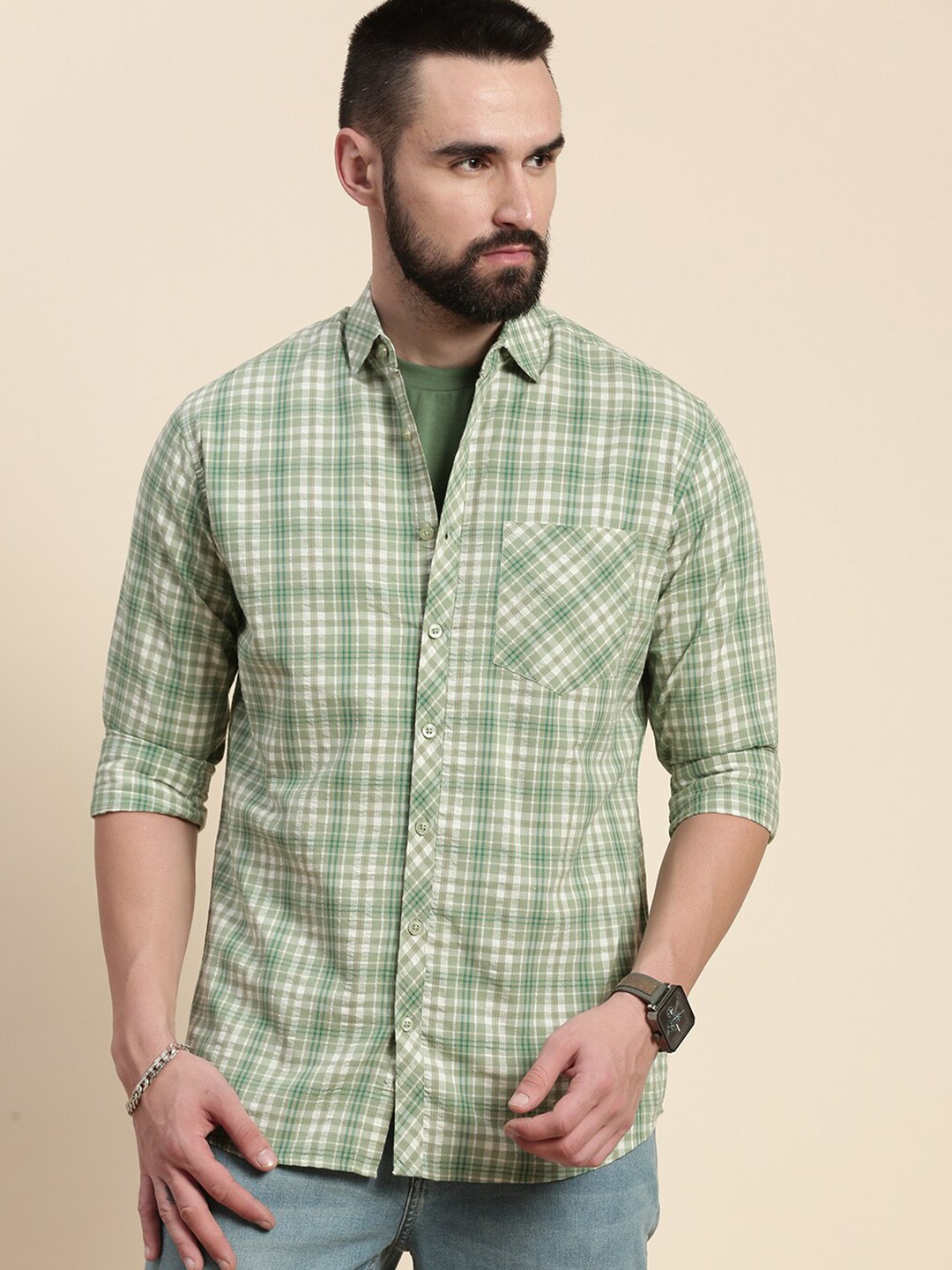 

DILLINGER Tartan Checked Spread Collar Pure Cotton Casual Shirt, Green