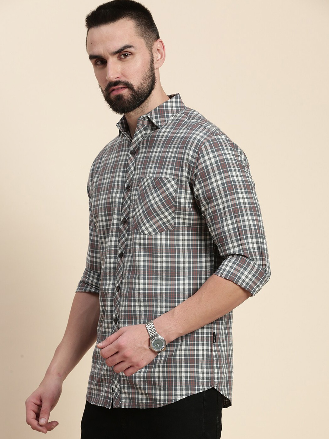 

DILLINGER Tartan Checked Spread Collar Pure Cotton Casual Shirt, Grey