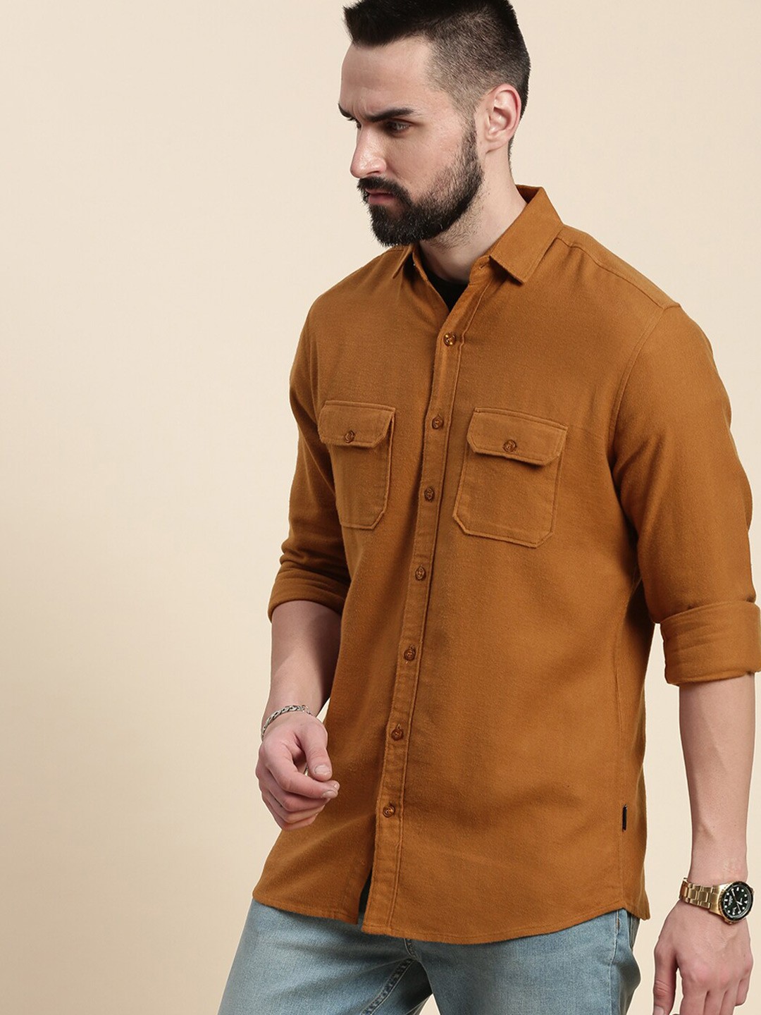 

DILLINGER Spread Collar Pure Cotton Casual Shirt, Brown