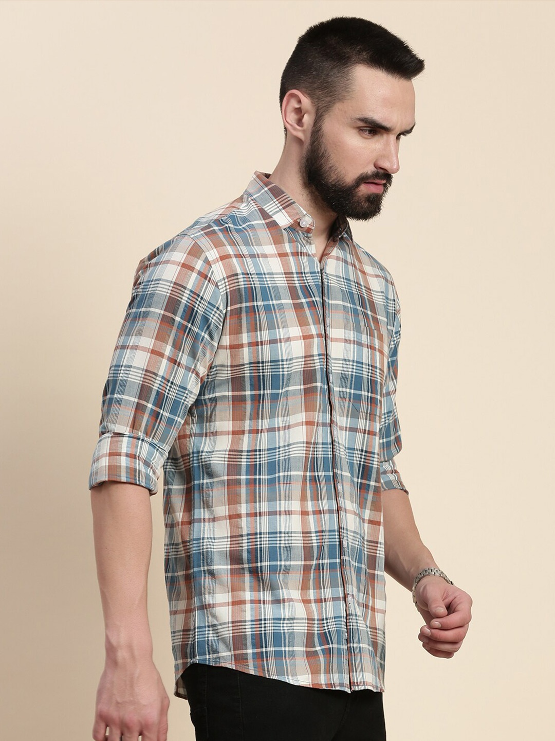 

DILLINGER Tartan Checked Spread Collar Pure Cotton Casual Shirt, Blue