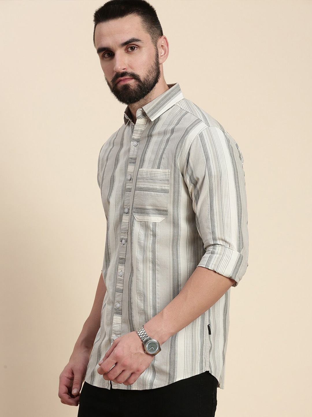 

DILLINGER Vertical Striped Spread Collar Pure Cotton Casual Shirt, White