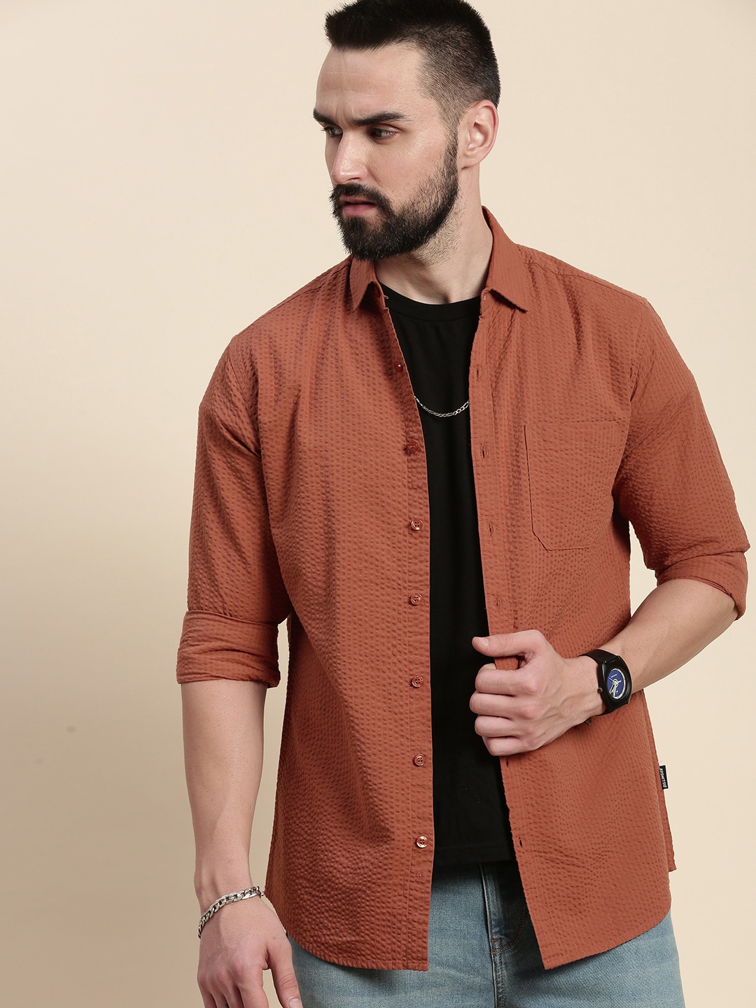 

DILLINGER Self Design Spread Collar Pure Cotton Casual Shirt, Brown