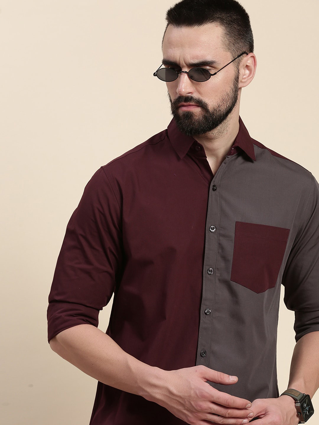 

DILLINGER Colourblocked Pure Cotton Casual Shirt, Maroon