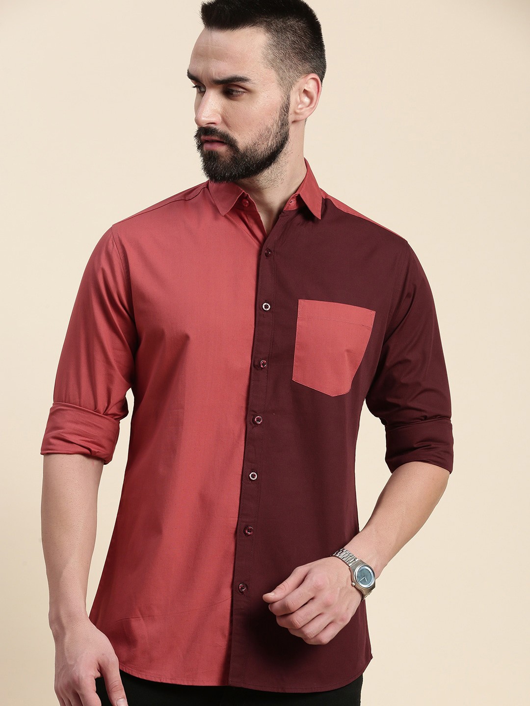 

DILLINGER Colourblocked Pure Cotton Casual Shirt, Pink