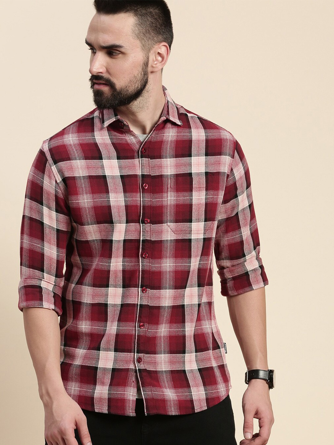 DILLINGER Checked Flannel Pure Cotton Casual Shirt, Maroon