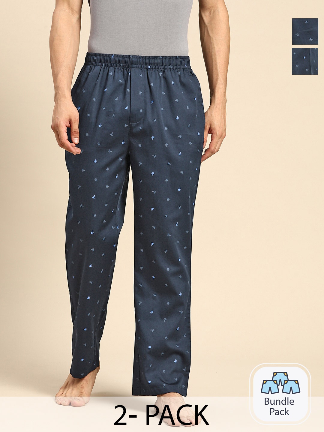 

Jockey Men Pack Of 2 Geometric Printed Mid Rise Pure Cotton Lounge Pants, Navy blue