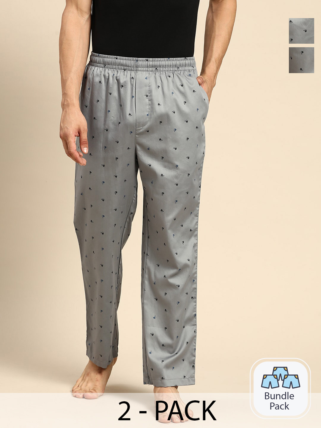 

Jockey Men Pack Of 2 Geometric Printed Mid Rise Pure Cotton Lounge Pants, Grey