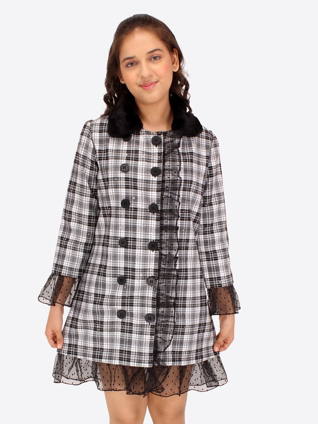 

CUTECUMBER Girls Checked Ruffles A-Line Dress, Black