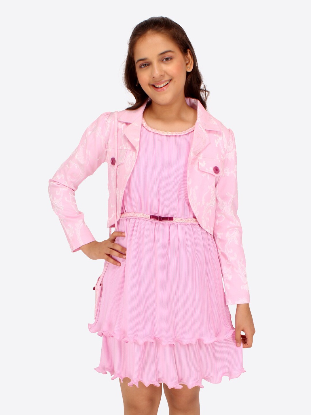

CUTECUMBER Girls Accordion Pleats Layered A-Line Dress With Shrug, Pink