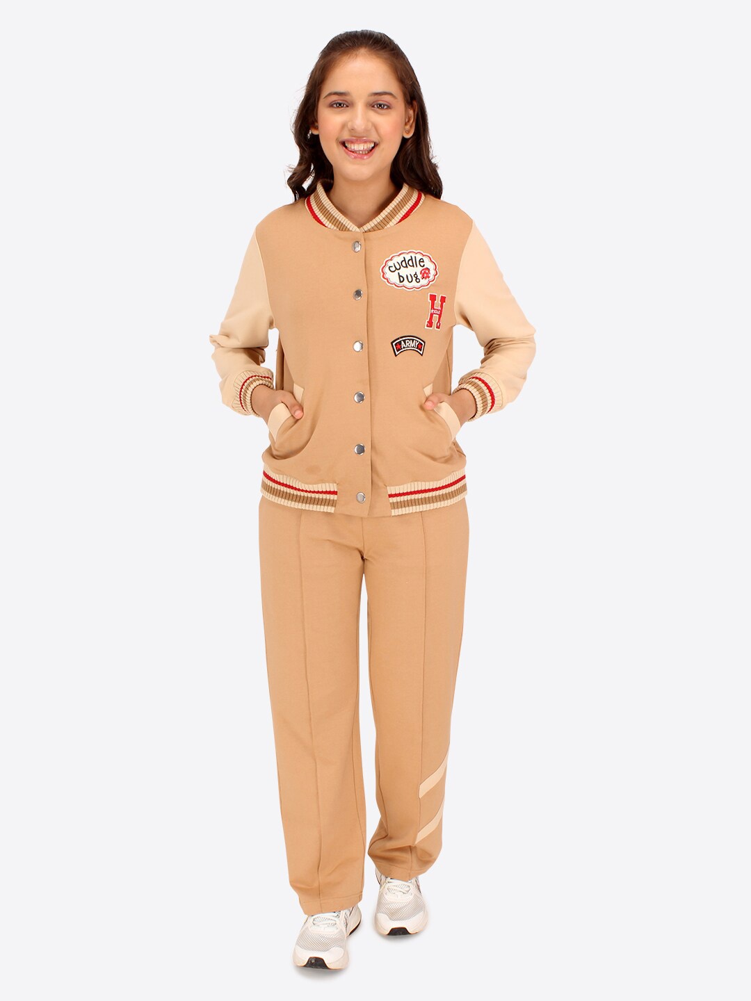 

CUTECUMBER Girls Mandarin Collar Coat With Trousers, Brown