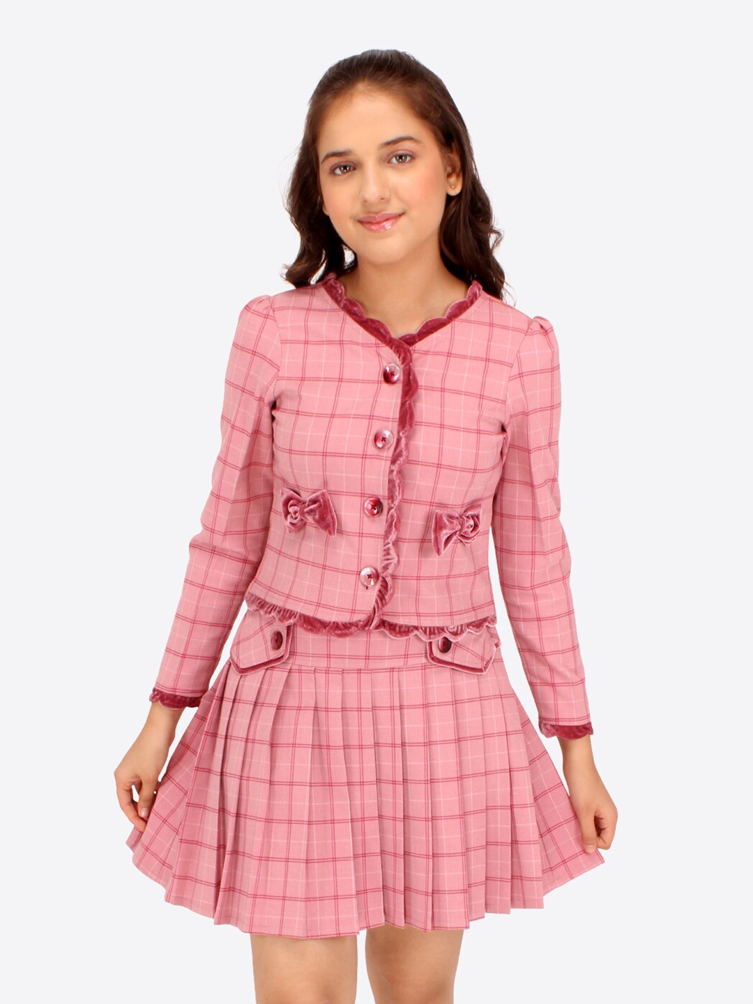 

CUTECUMBER Girls Checked V-Neck Coat With Skirt, Pink