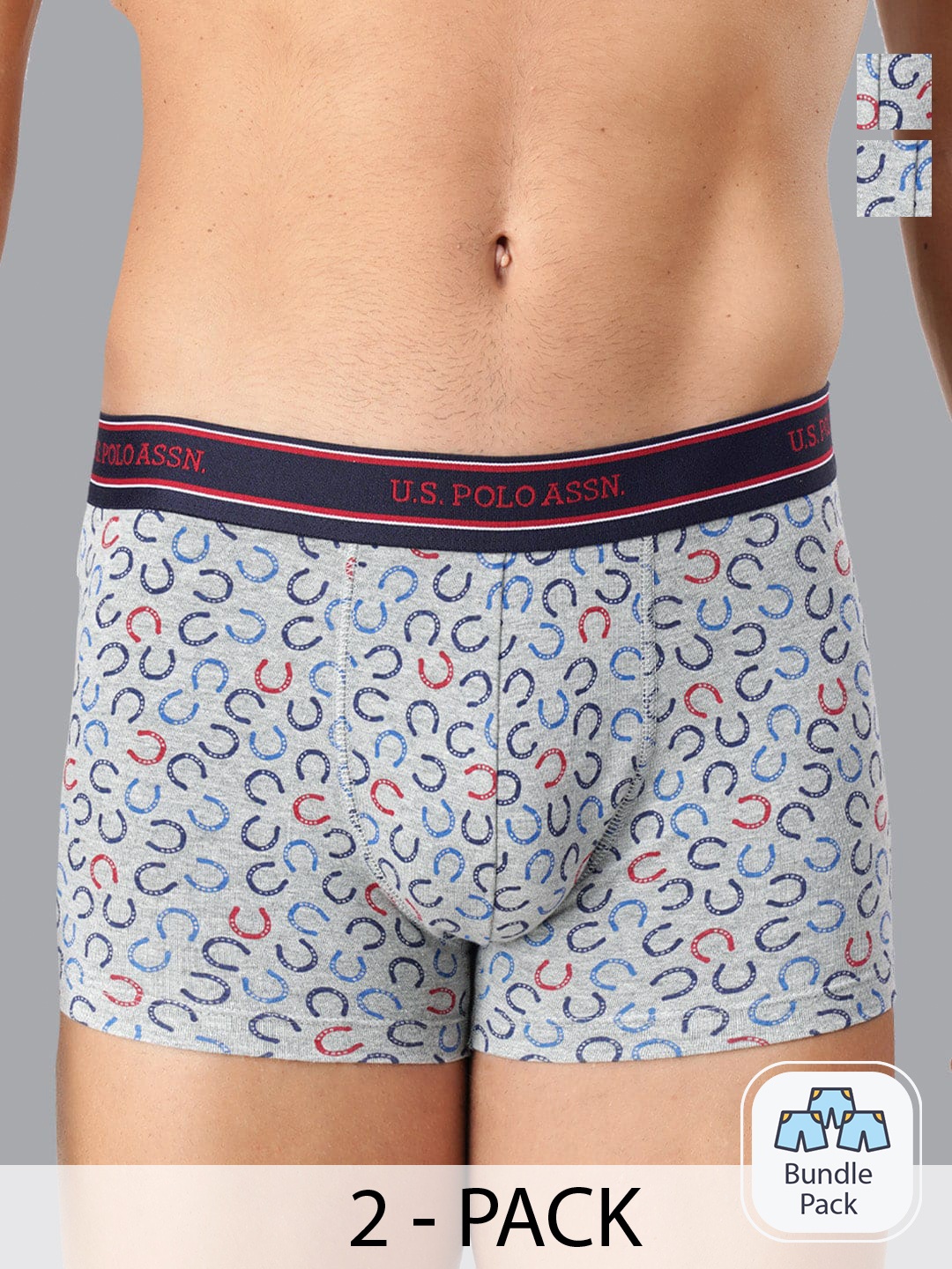 

U.S. Polo Assn. Men Pack Of 2 Geometric Printed Mid Rise Cotton Trunk-20416332, Grey melange