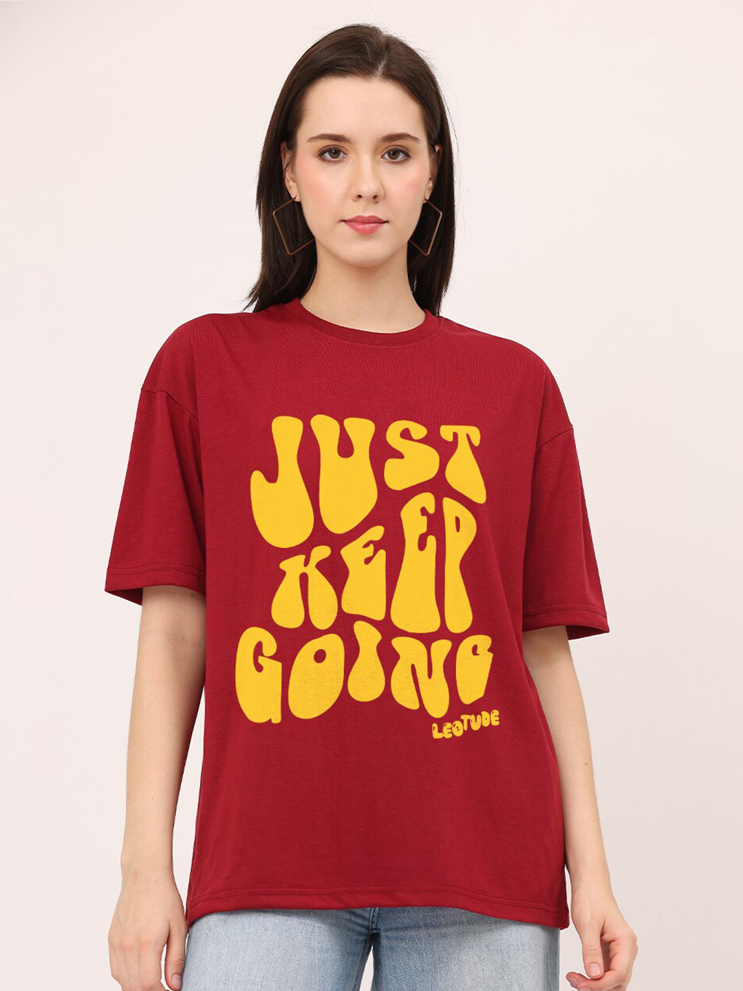 

Leotude Women Maroon Printed Drop-Shoulder Sleeves Pockets T-shirt