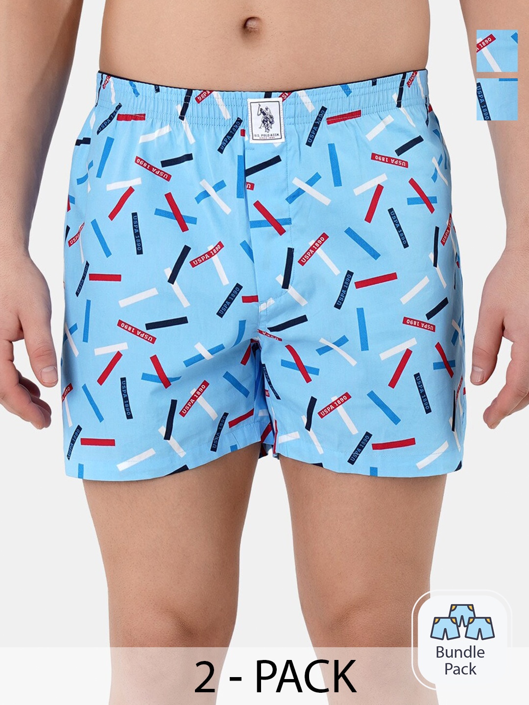 

U.S. Polo Assn. Men Pack Of 2 Conversational Printed Pure Cotton Boxers 22596660-2, Blue