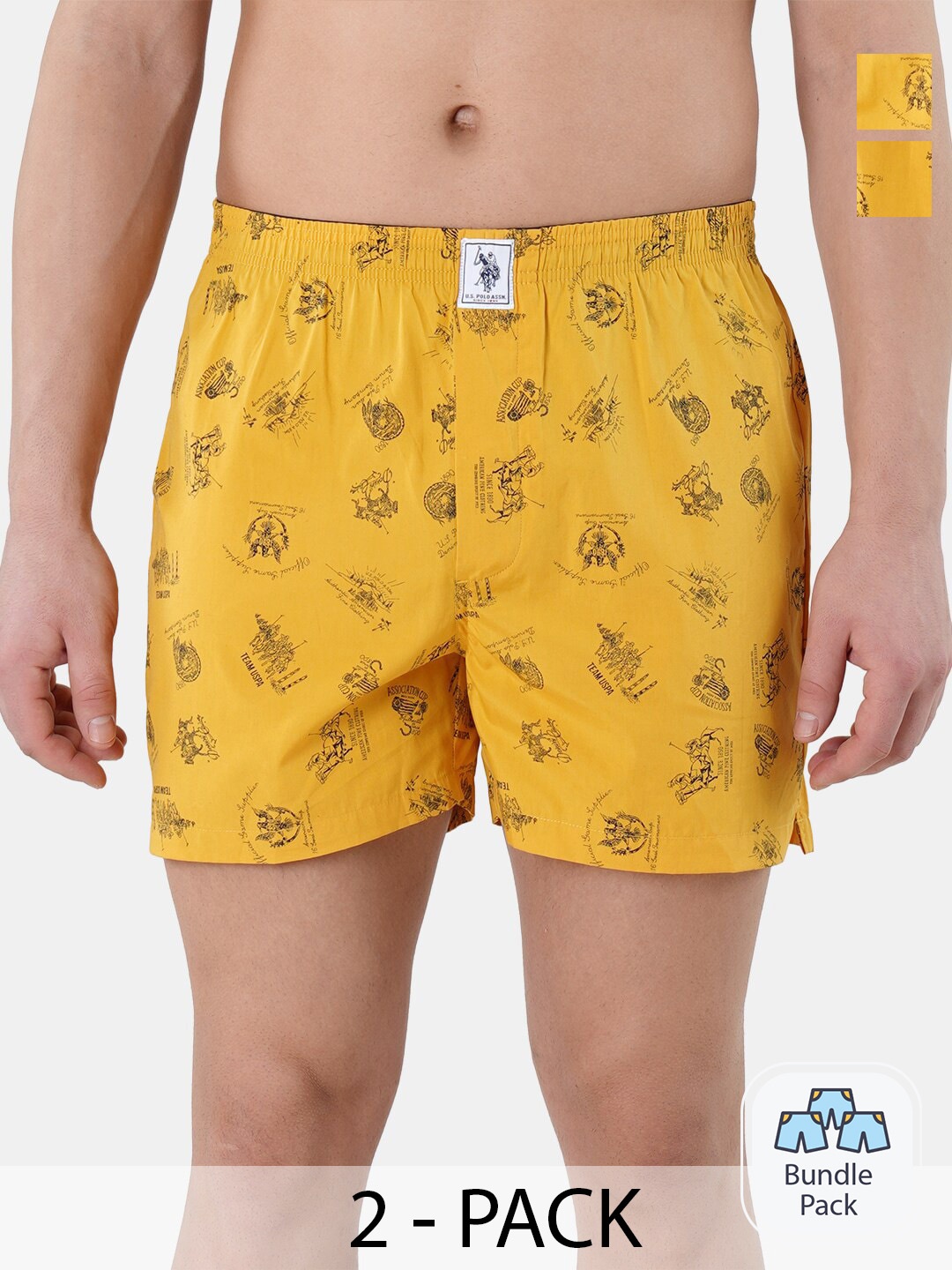 

U.S. Polo Assn. Men Pack Of 2 Conversational Printed Pure Cotton Boxers 22596644-2, Mustard