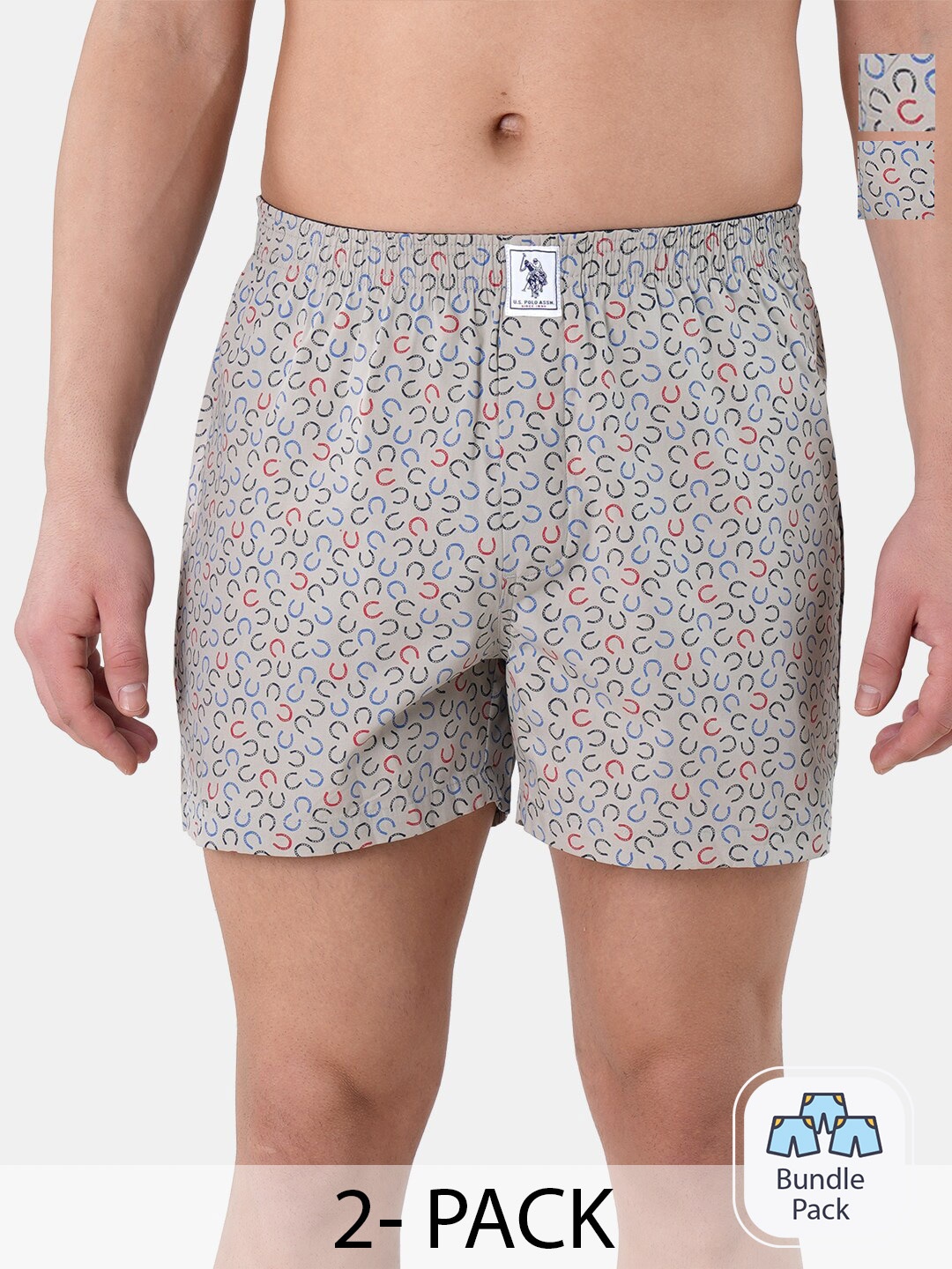 

U.S. Polo Assn. Men Pack Of 2 Conversational Printed Pure Cotton Boxers 22596642-2, Grey