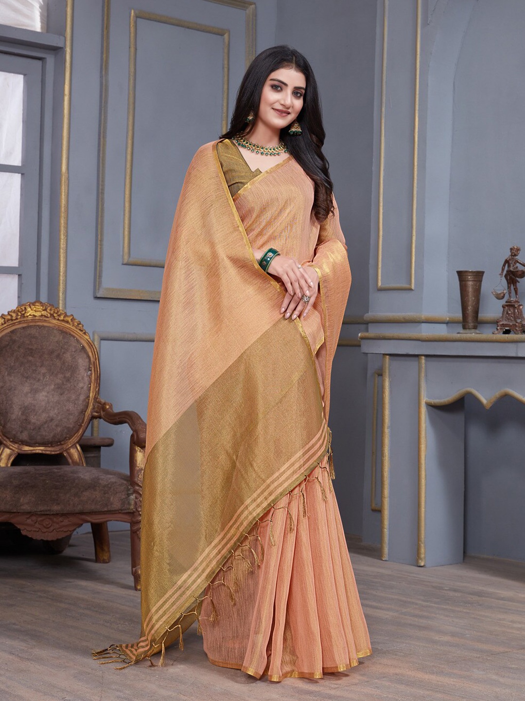 

GAJARAI Zari Linen Blend Saree, Peach