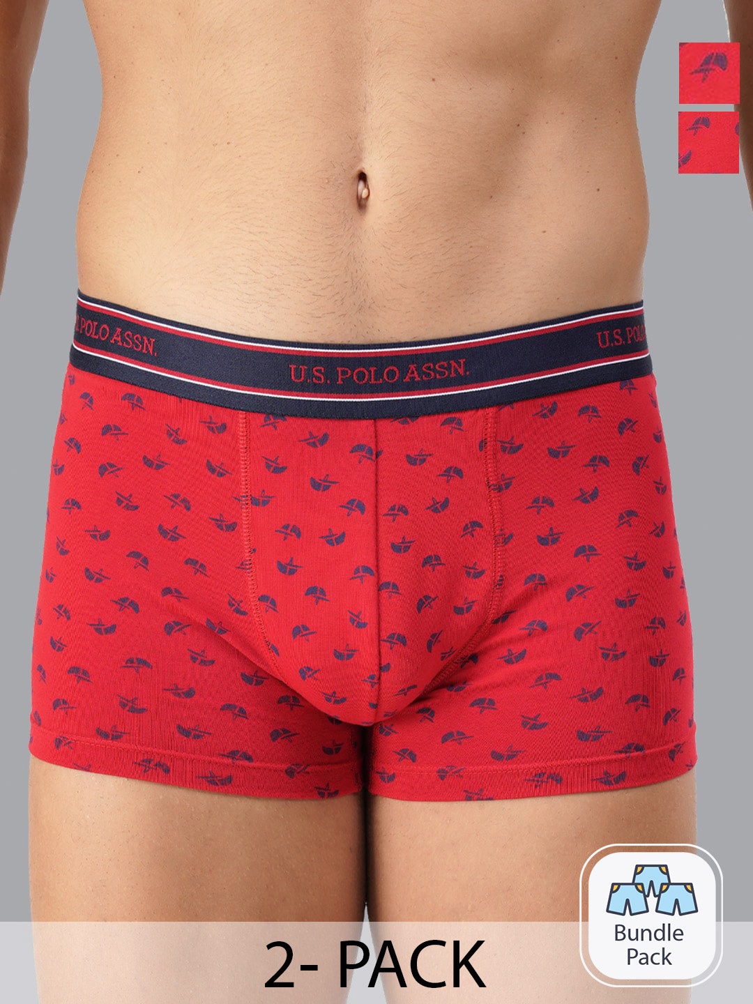 

U.S. Polo Assn. Men Pack Of 2 Printed Outer Elastic Pure Cotton Trunk 20416328-2, Red