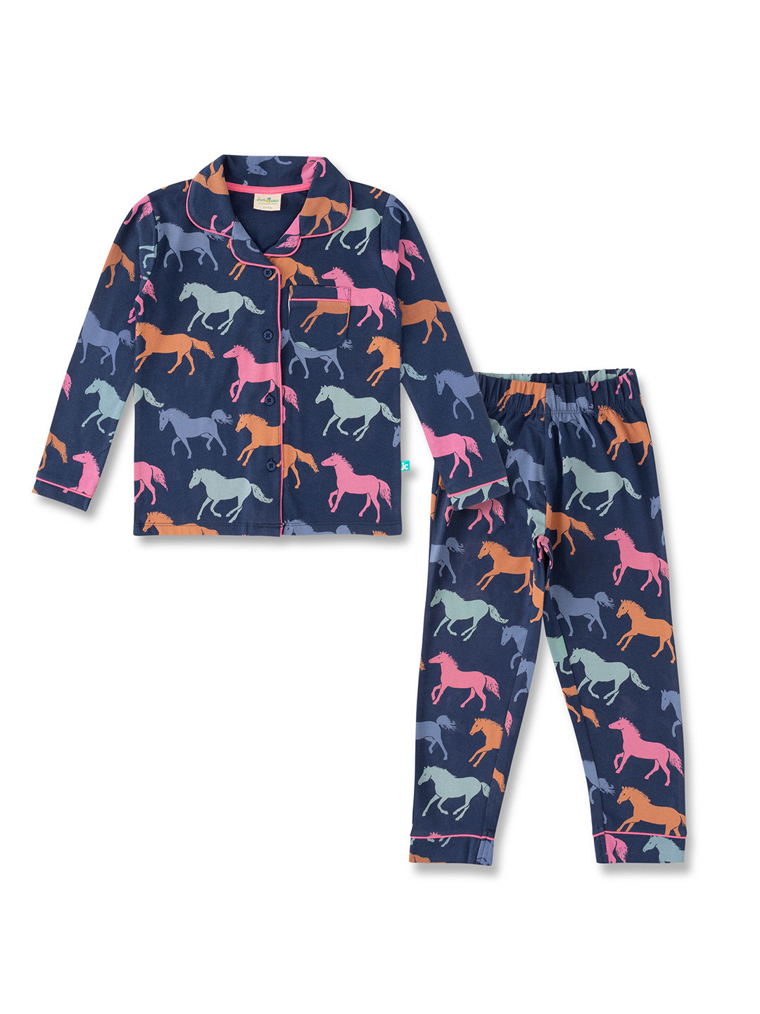 

JusCubs Girls Conversational Printed Lapel Collar Pure Cotton Night Suit, Navy blue
