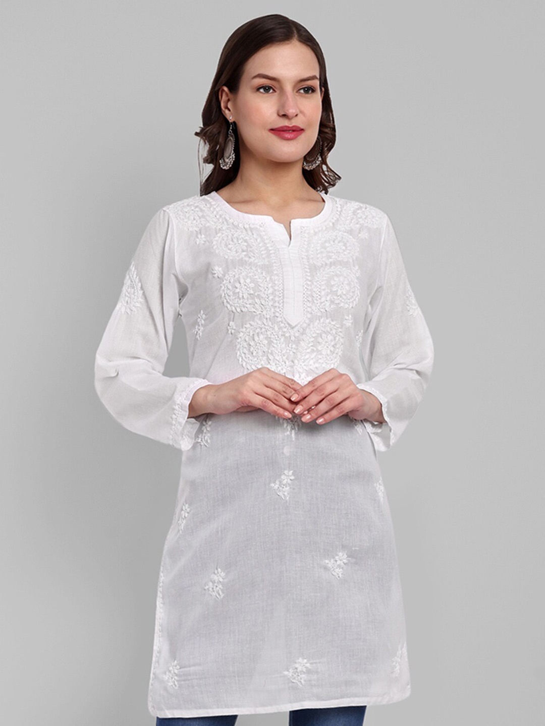 ADA Floral Embroidered Lucknowi Chikankari Pure Cotton Kurti, White