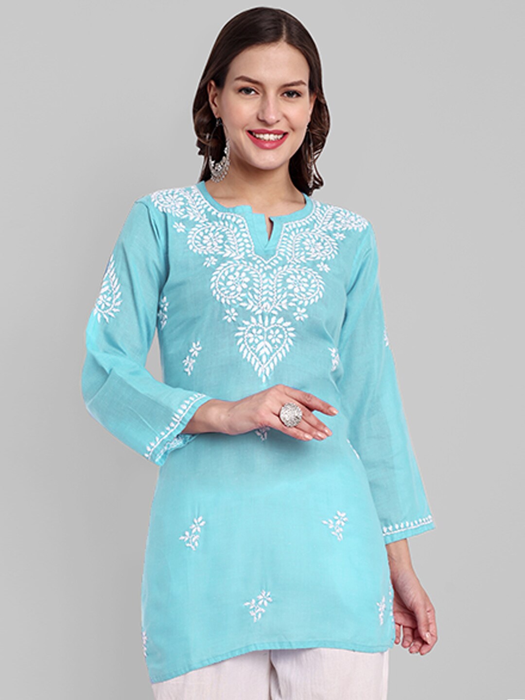

ADA Floral Embroidered Lucknowi Chikankari Pure Cotton Kurti, Blue
