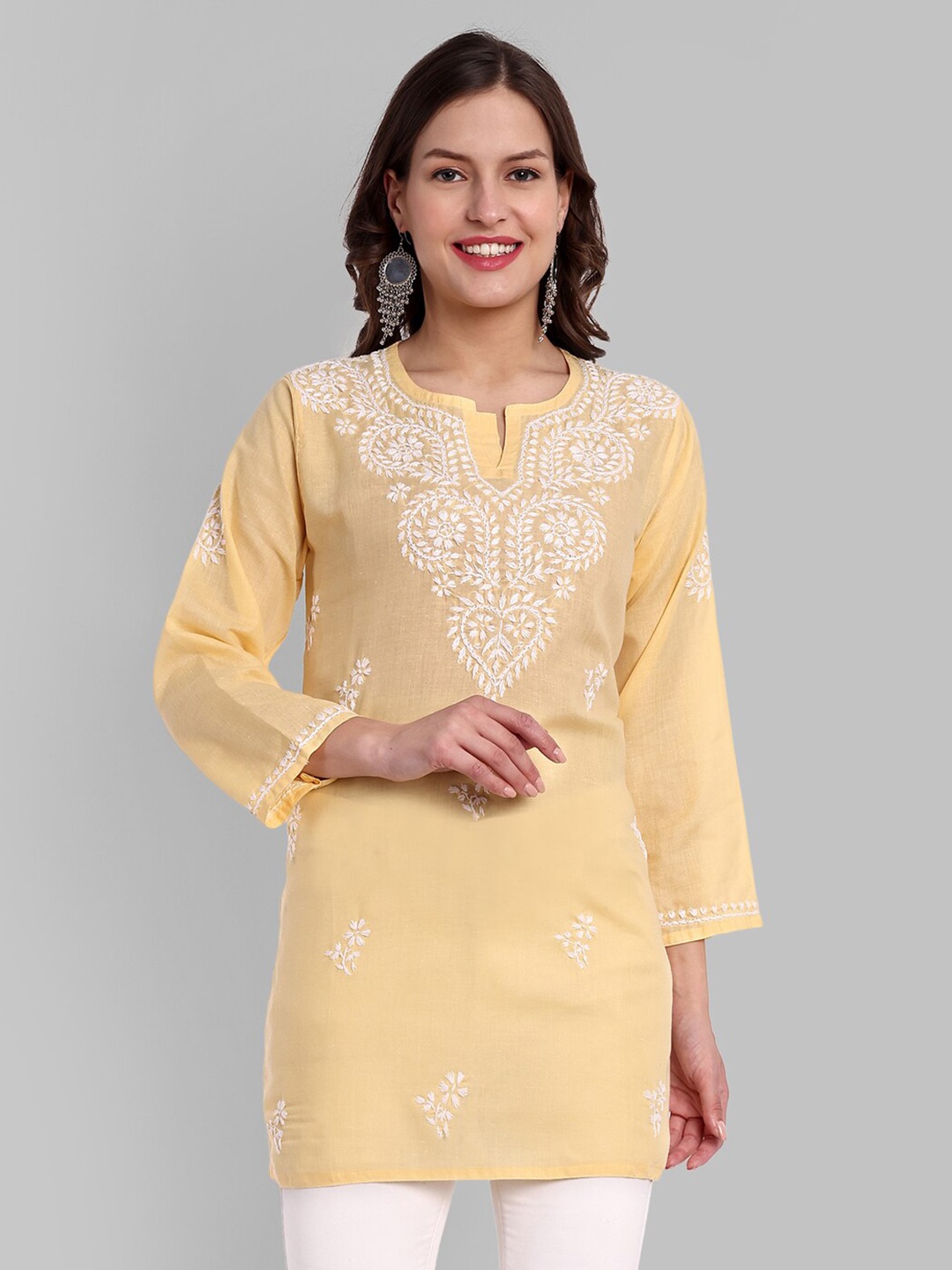 

ADA Floral Embroidered Lucknowi Chikankari Pure Cotton Kurti, Yellow
