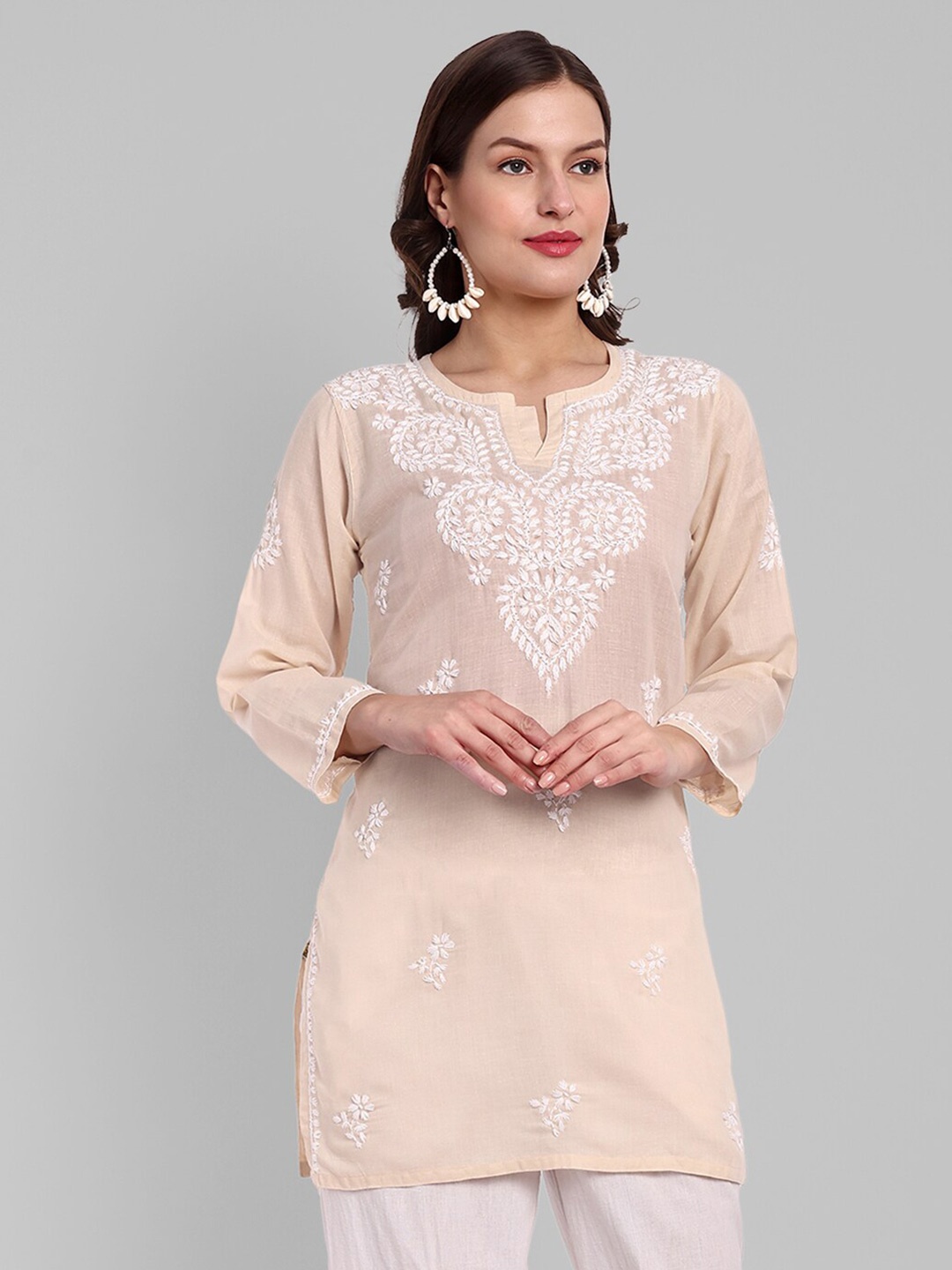 

ADA Floral Embroidered Lucknowi Chikankari Pure Cotton Kurti, Beige