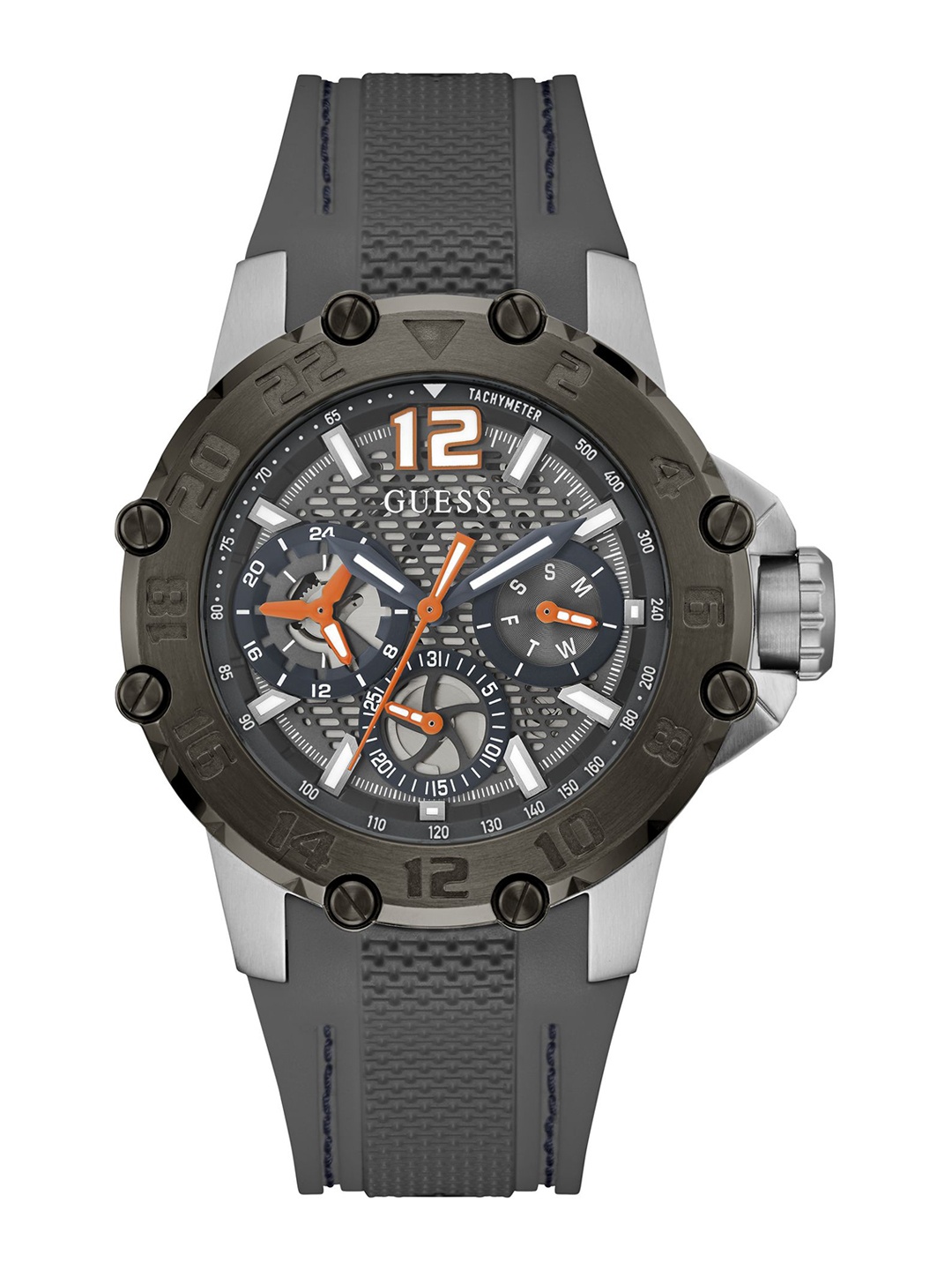 GUESS Men Textured Dial & Straps Analogue Multi Function Watch GW0640G1, Grey