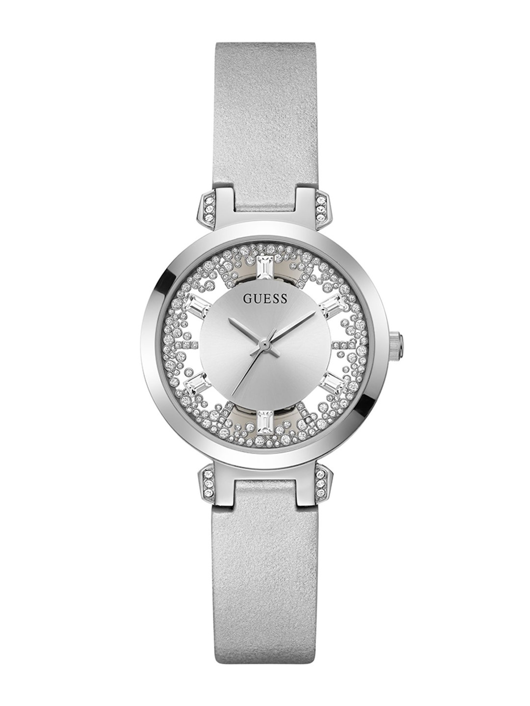 GUESS Women Embellished Dial & Leather Straps Analogue Watch GW0535L3, Silver