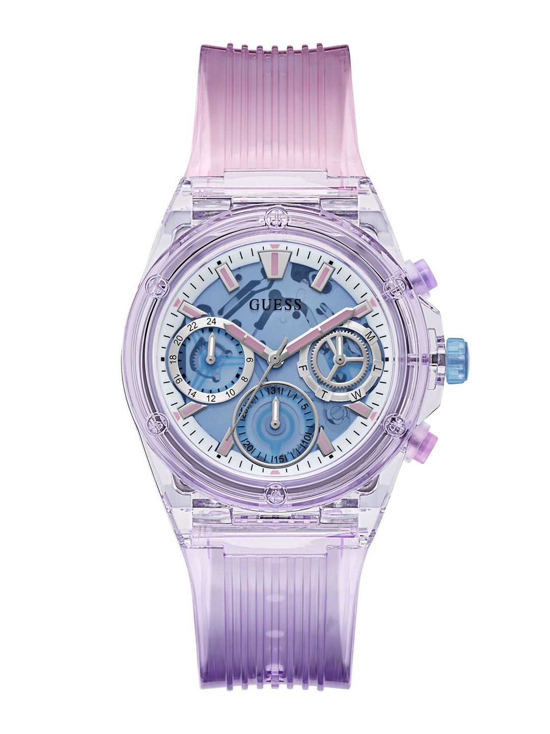 

GUESS Women Skeleton Dial Textured Straps Analogue Watch GW0438L6, Blue