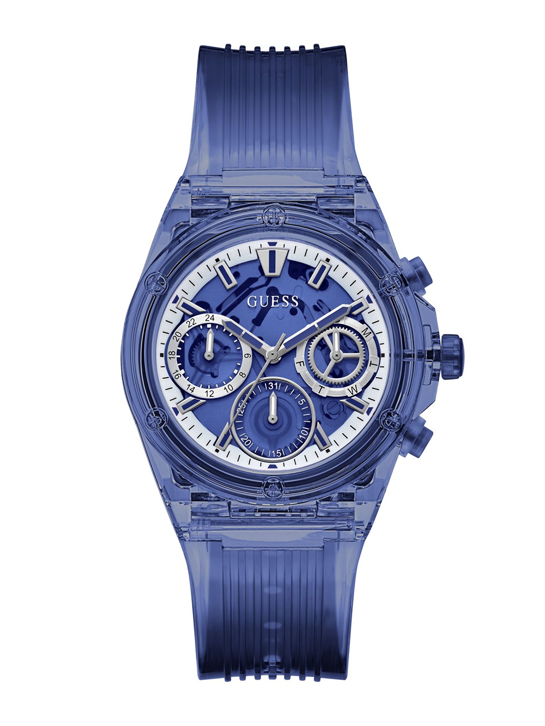 

GUESS Women Embellished Dial Textured Straps Analogue Watch GW0438L3, Blue