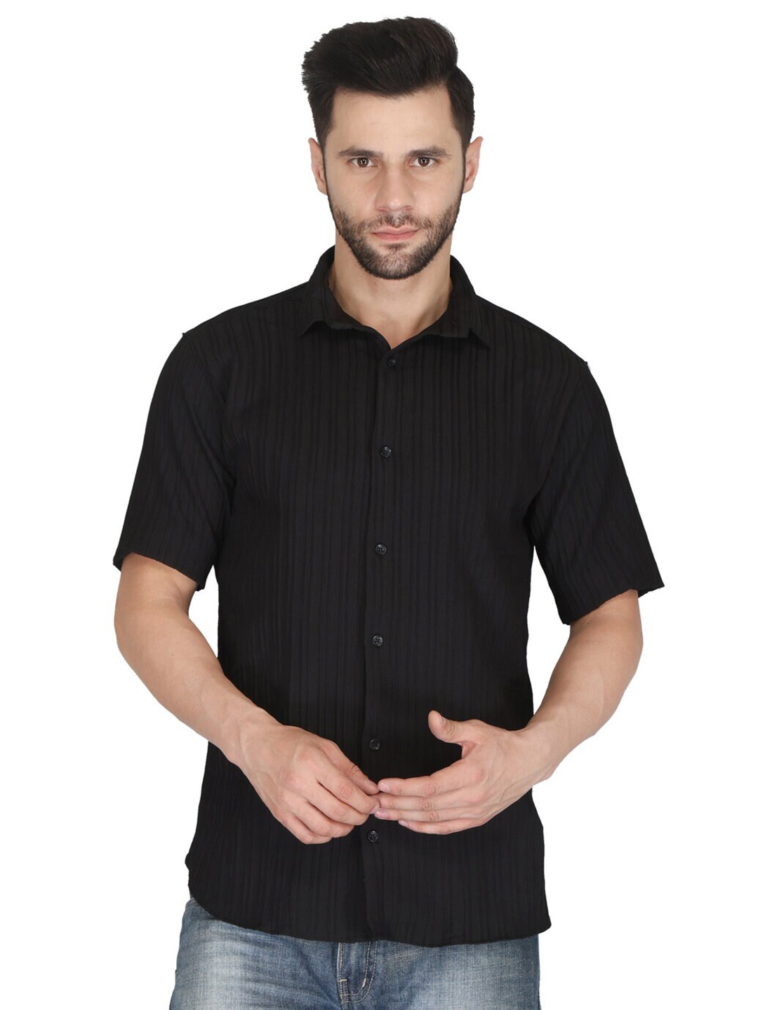 

VILLAIN Classic Striped Cotton Shirt, Black