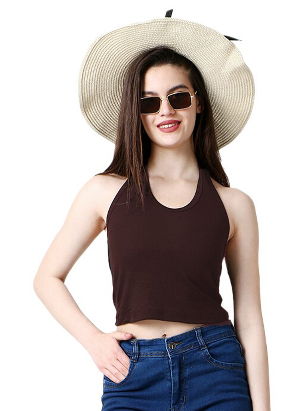 

CareDone Halter Neck Fitted Crop Top, Brown