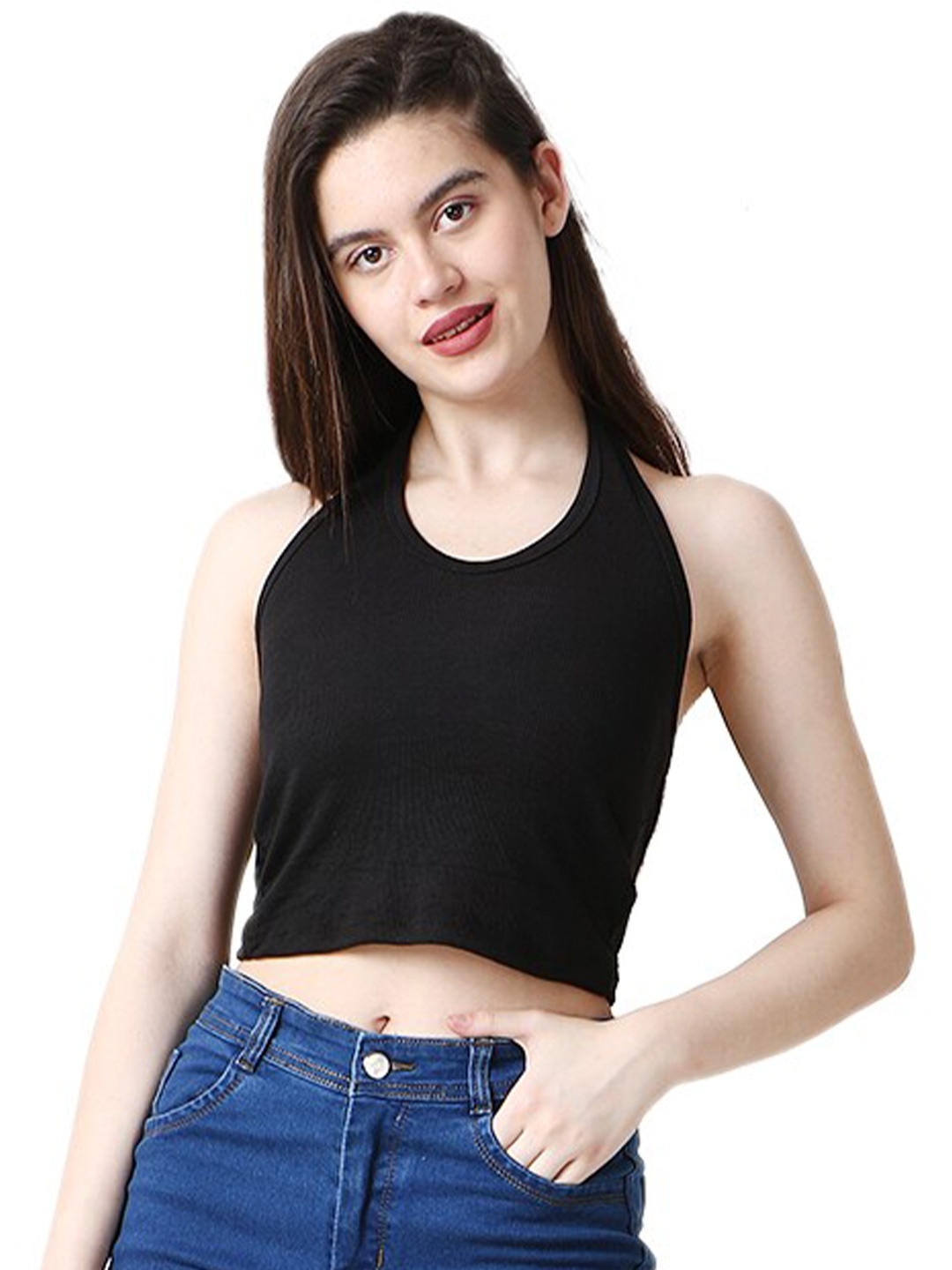 

CareDone Halter Neck Fitted Crop Top, Black