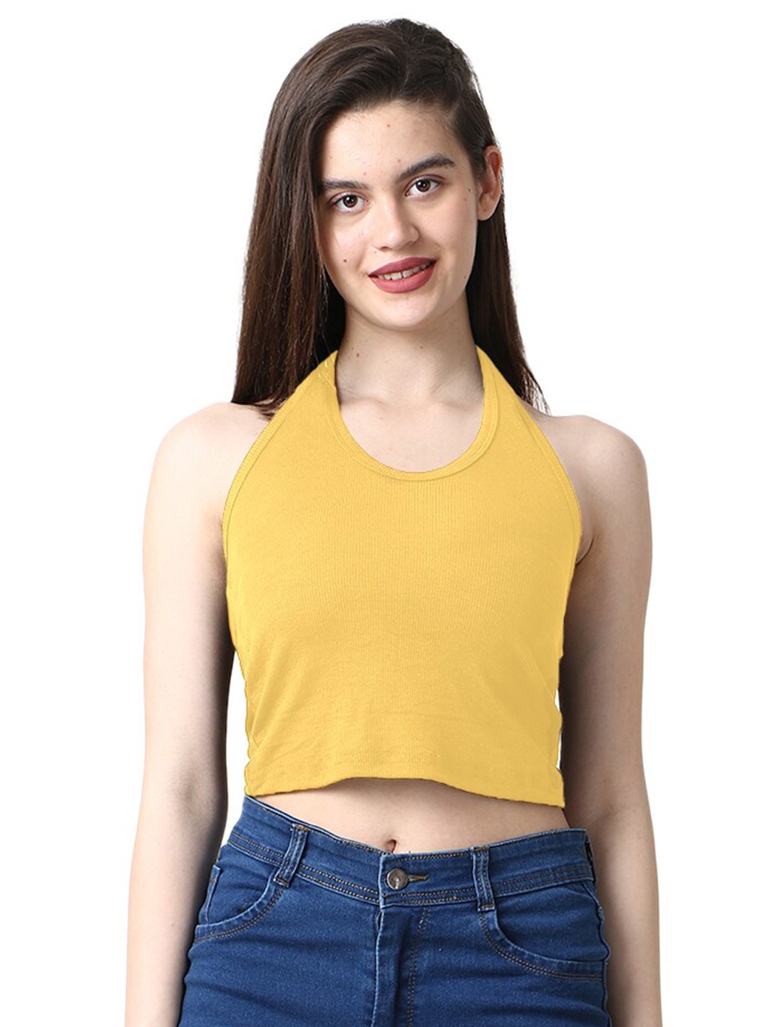 CareDone Halter Neck Fitted Crop Top, Yellow