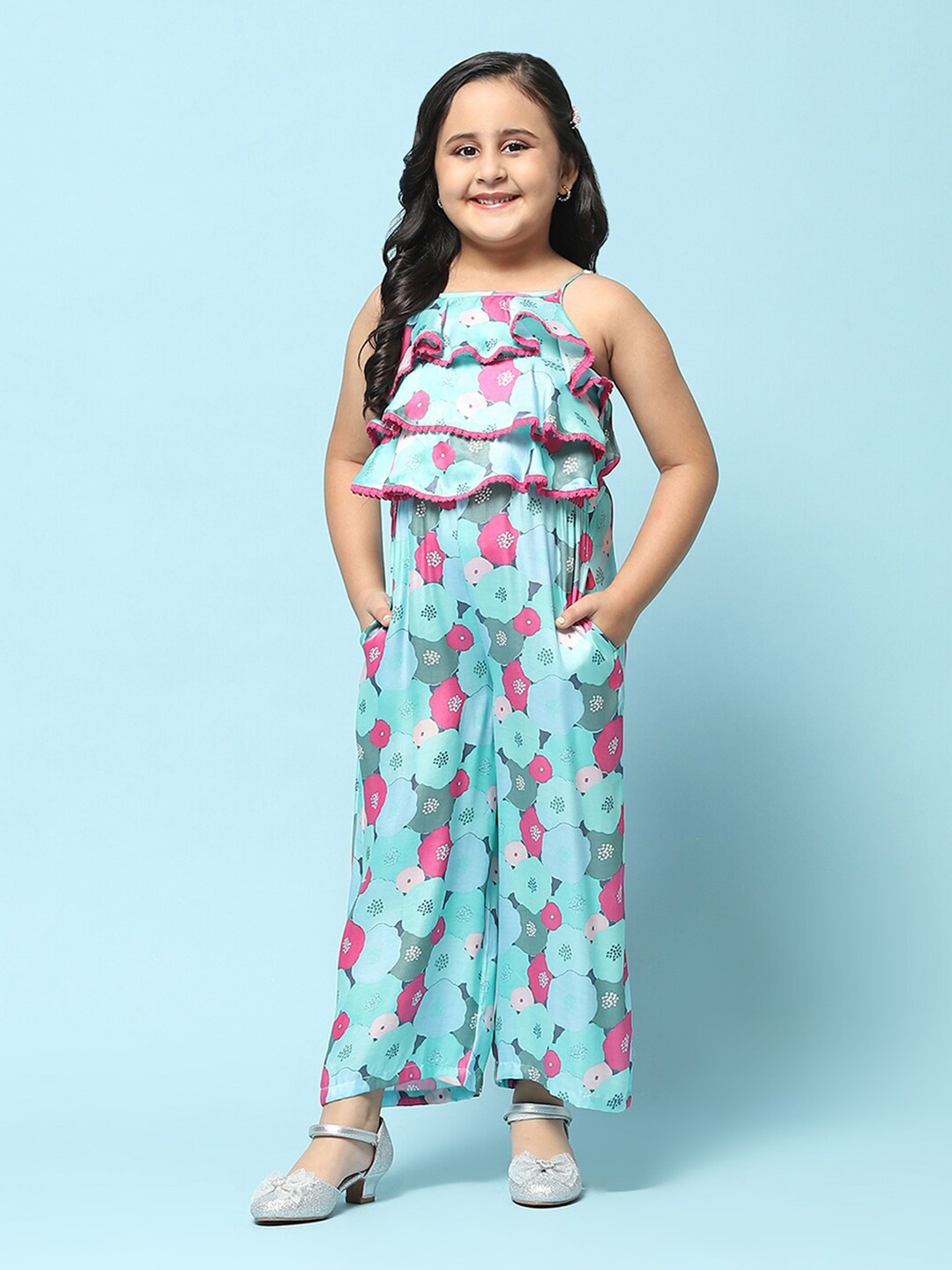 

Biba Girls Floral Printed Ruffled Maxi Cotton Jumpsuit, Blue