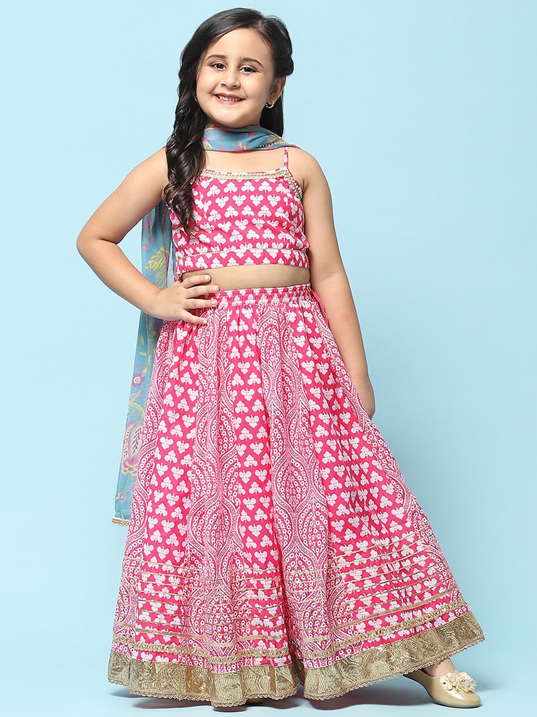 

Biba Girls Printed Beads & Stones Ready To Wear Lehenga & Blouse With Dupatta, Pink