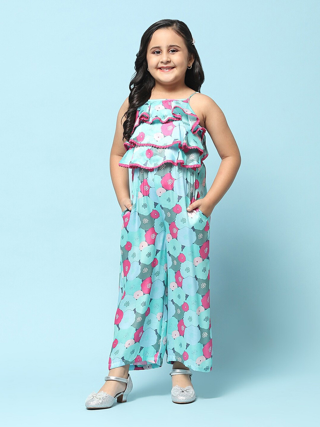 

Biba Girls Floral Printed Shoulder Straps Cotton Jumpsuit, Blue