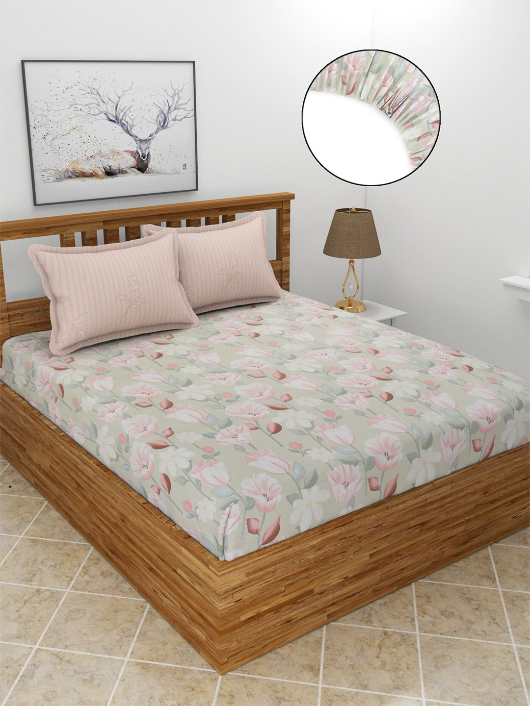 

MORADO Pink & Green Floral 210 TC Fitted King Bedsheet With 2 Pillow Covers