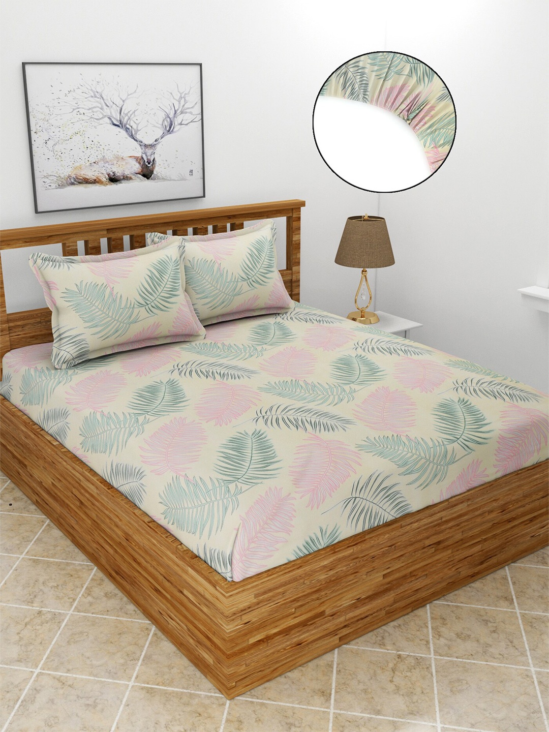 

MORADO Green & Pink Floral 210 TC Fitted Queen Bedsheet With 2 Pillow Covers